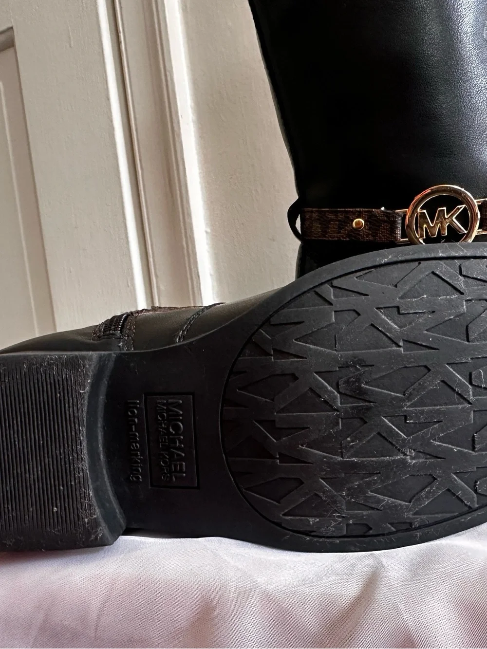 Michael Kors Black and Brown Leather Knee Boots with Gold MK Accent for Girls